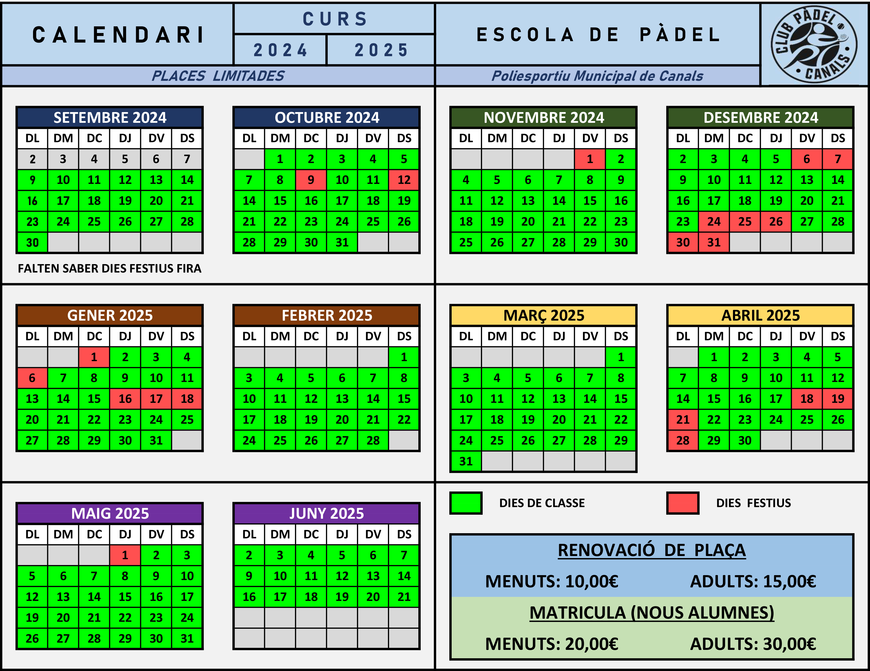 Calendari Escola Pàdel Canals